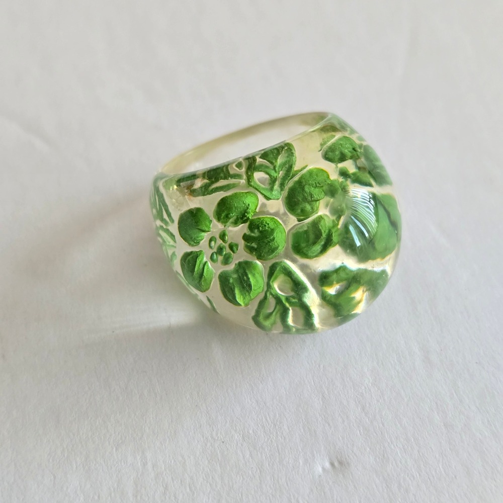 Clear Resin Chunky Dome Ring Green Floral Botanical Size 7.5 Acrylic Boho